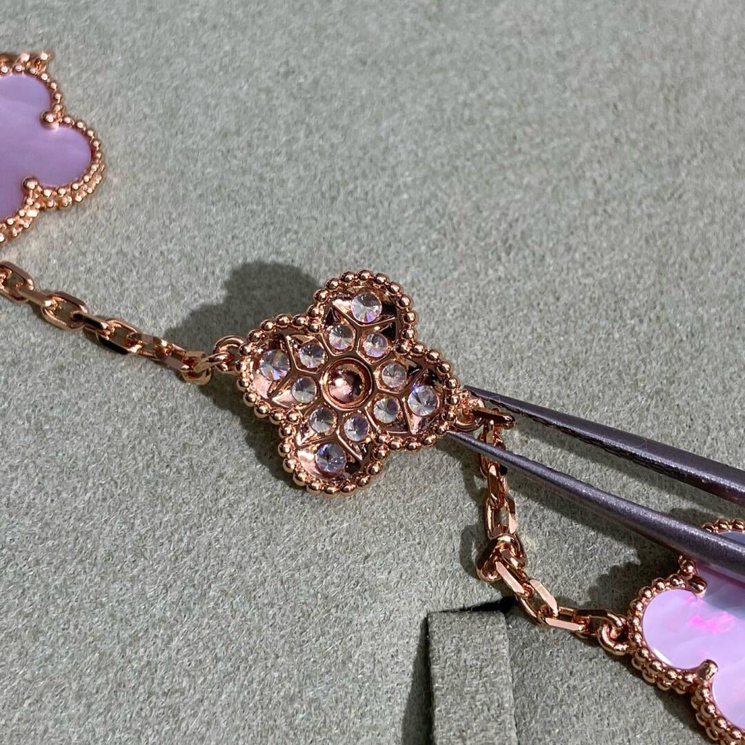 [AuraEcho Jewelry]CLOVER 10 MOTIFS DIAMOND PINK MOP NECKLACE