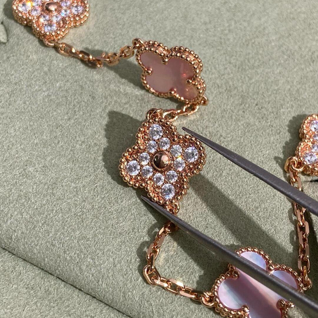 [AuraEcho Jewelry]CLOVER 10 MOTIFS DIAMOND PINK MOP NECKLACE