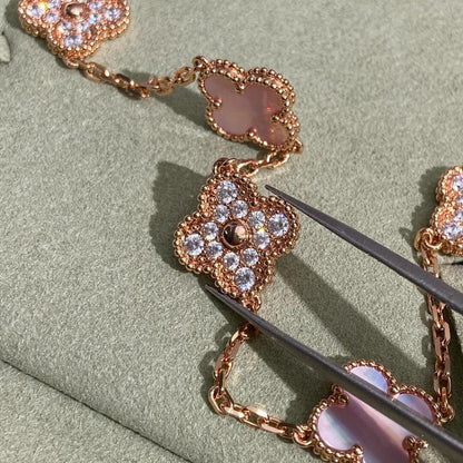 [AuraEcho Jewelry]CLOVER 10 MOTIFS DIAMOND PINK MOP NECKLACE