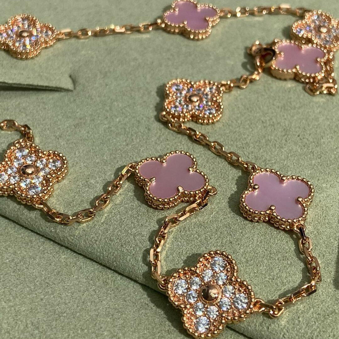 [AuraEcho Jewelry]CLOVER 10 MOTIFS DIAMOND PINK MOP NECKLACE