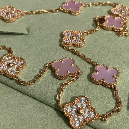 [AuraEcho Jewelry]CLOVER 10 MOTIFS DIAMOND PINK MOP NECKLACE