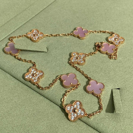 [AuraEcho Jewelry]CLOVER 10 MOTIFS DIAMOND PINK MOP NECKLACE