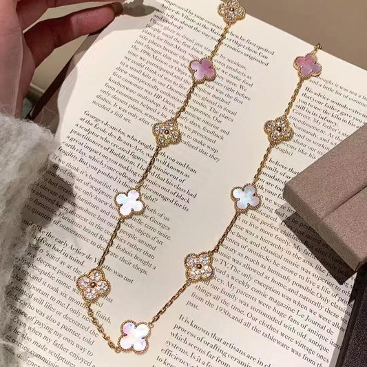 [AuraEcho Jewelry]CLOVER 20 MOTIFS DIAMOND PINK MOP NECKLACE