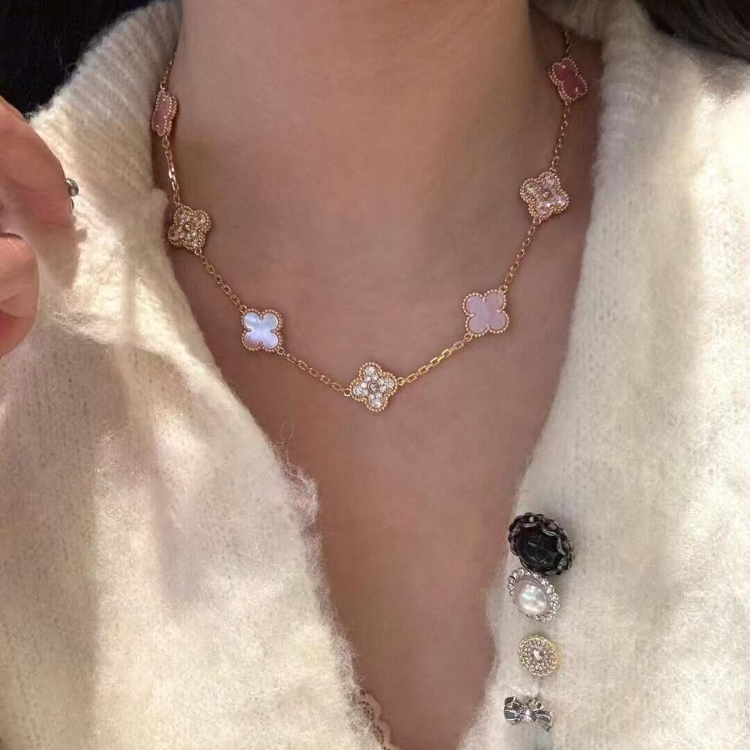 [AuraEcho Jewelry]CLOVER 10 MOTIFS DIAMOND PINK MOP NECKLACE