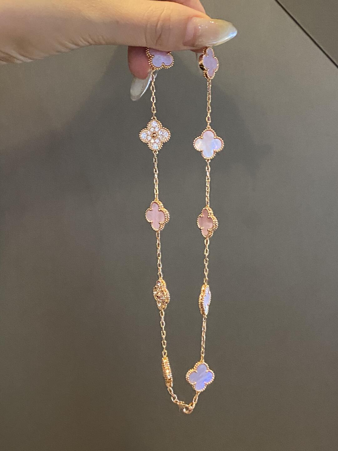 [AuraEcho Jewelry]CLOVER 10 MOTIFS DIAMOND PINK MOP NECKLACE