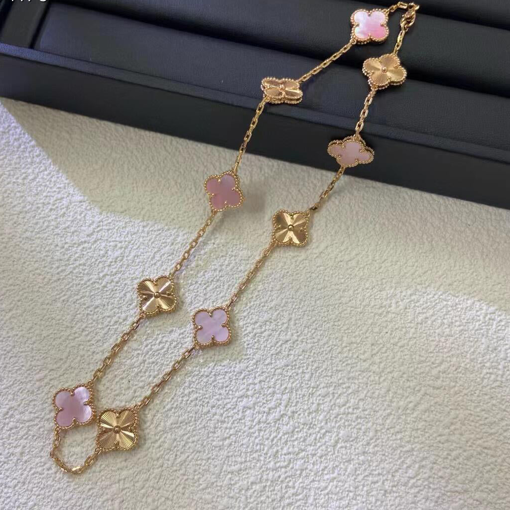 [AuraEcho Jewelry]CLOVER 10 MOTIFS  LASER PINK MOP NECKLACE
