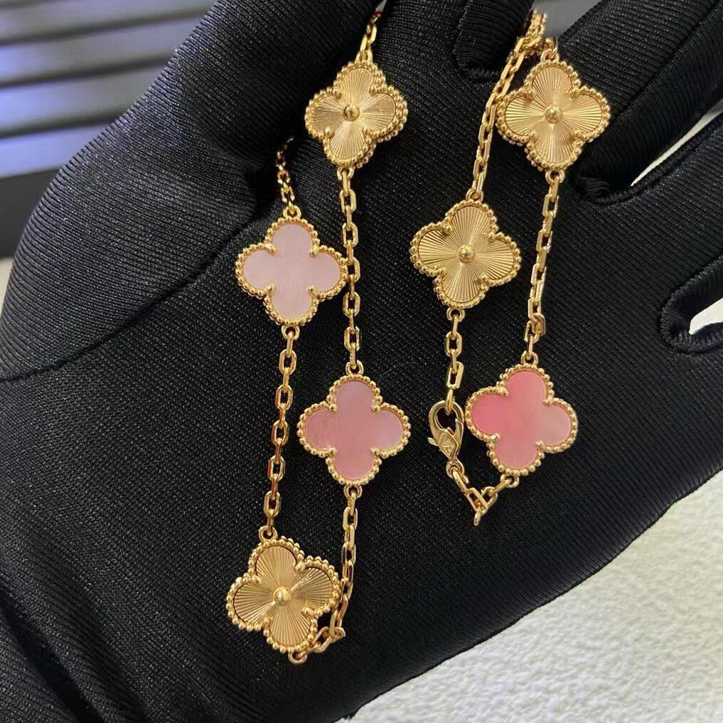 [AuraEcho Jewelry]CLOVER 10 MOTIFS  LASER PINK MOP NECKLACE