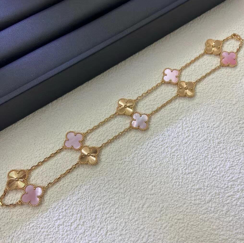 [AuraEcho Jewelry]CLOVER 10 MOTIFS  LASER PINK MOP NECKLACE
