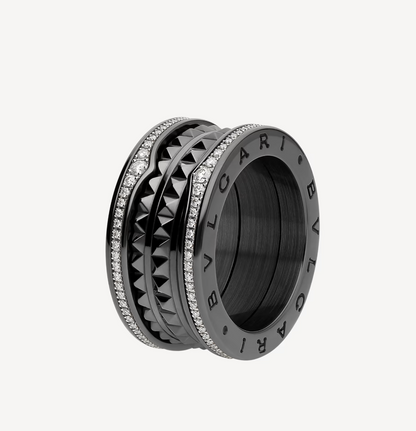 [AuraEcho Jewelry]ZERO 1 ROCK FOUR-BAND BLACK CERAMIC WITH STUDDED SPIRAL AND PAVED DIAMONDS RING
