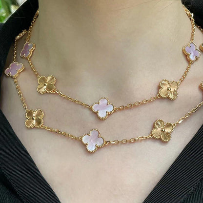 [AuraEcho Jewelry]CLOVER 20 MOTIFS LASER PINK MOP NECKLACE