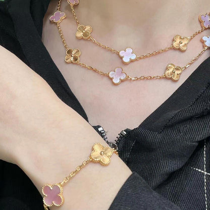 [AuraEcho Jewelry]CLOVER 20 MOTIFS LASER PINK MOP NECKLACE