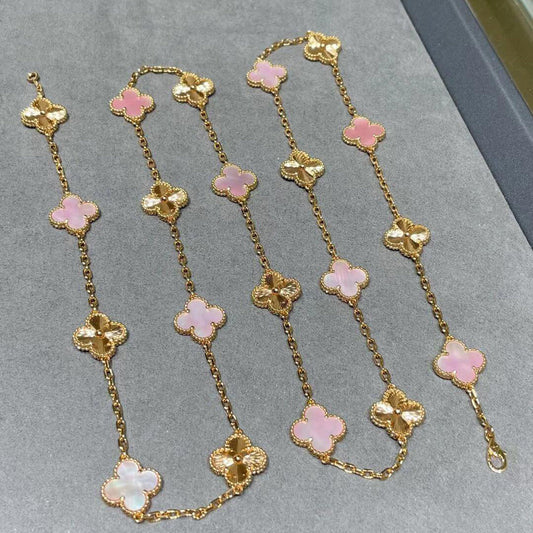 [AuraEcho Jewelry]CLOVER 20 MOTIFS LASER PINK MOP NECKLACE
