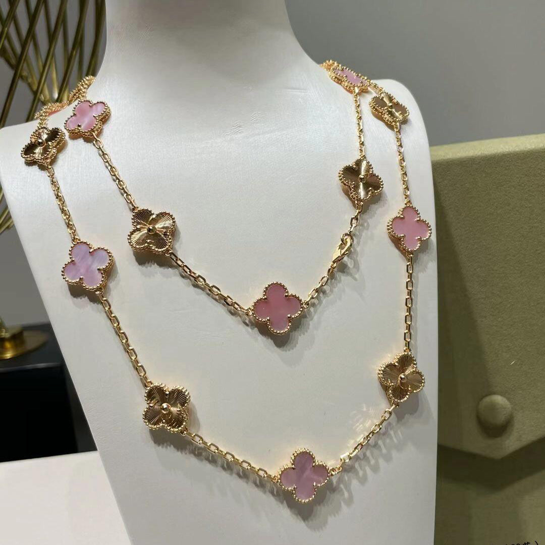 [AuraEcho Jewelry]CLOVER 20 MOTIFS LASER PINK MOP NECKLACE