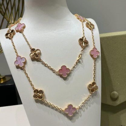[AuraEcho Jewelry]CLOVER 20 MOTIFS LASER PINK MOP NECKLACE