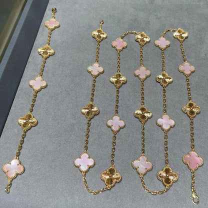 [AuraEcho Jewelry]CLOVER 20 MOTIFS LASER PINK MOP NECKLACE
