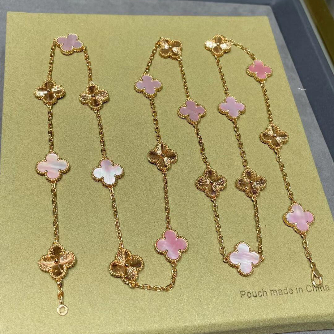 [AuraEcho Jewelry]CLOVER 20 MOTIFS LASER PINK MOP NECKLACE