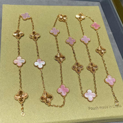 [AuraEcho Jewelry]CLOVER 20 MOTIFS LASER PINK MOP NECKLACE