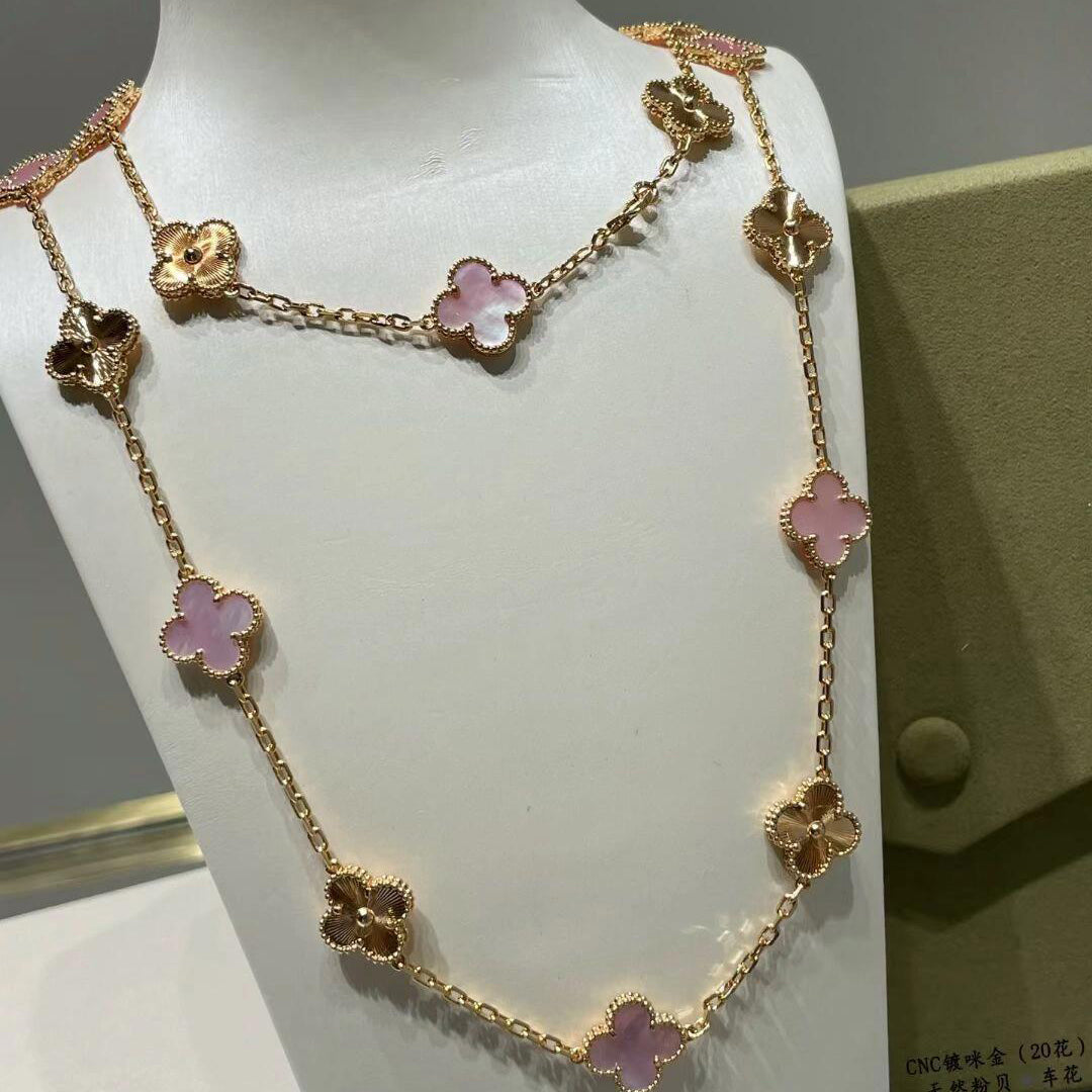 [AuraEcho Jewelry]CLOVER 20 MOTIFS LASER PINK MOP NECKLACE