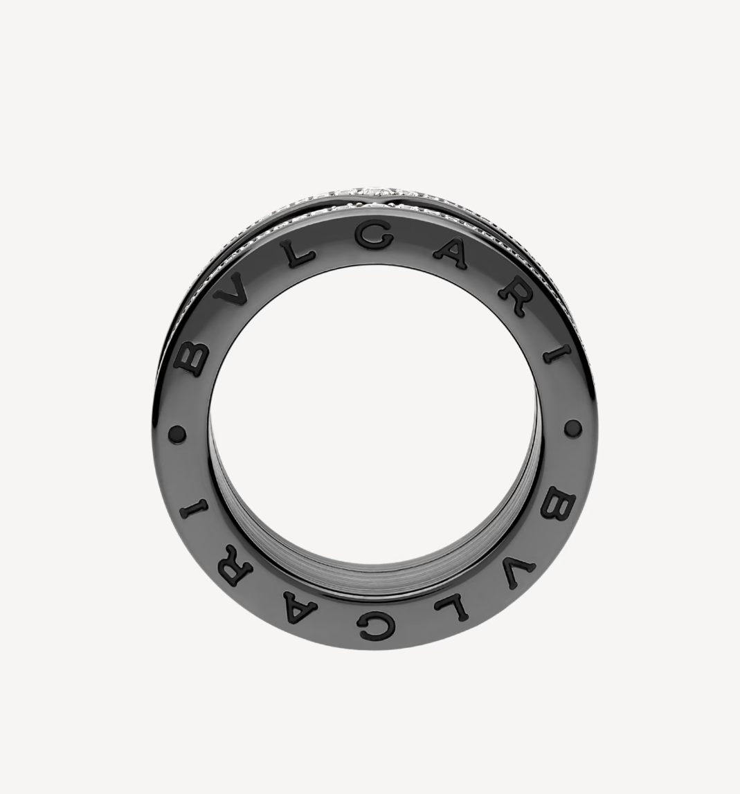 [AuraEcho Jewelry]ZERO 1 ROCK FOUR-BAND BLACK CERAMIC WITH STUDDED SPIRAL AND PAVED DIAMONDS RING