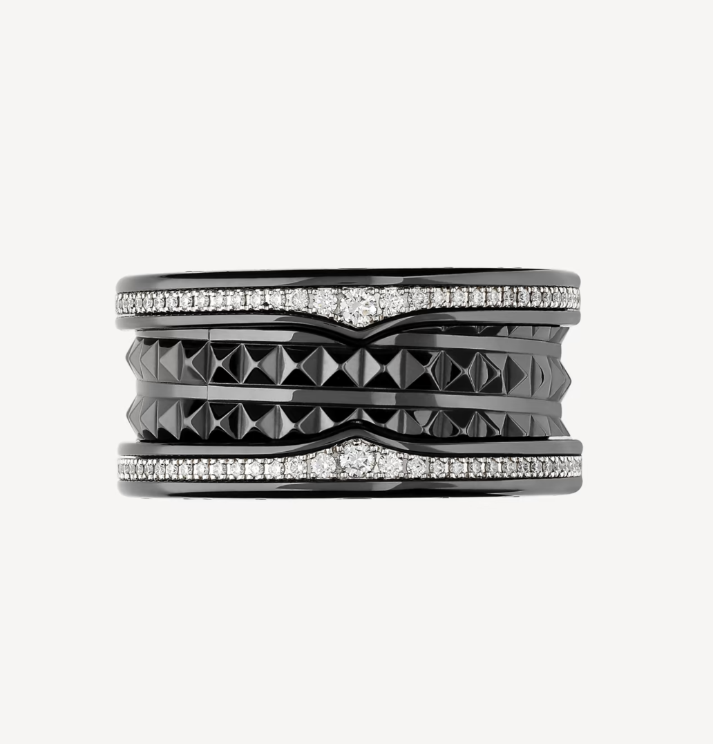 [AuraEcho Jewelry]ZERO 1 ROCK FOUR-BAND BLACK CERAMIC WITH STUDDED SPIRAL AND PAVED DIAMONDS RING