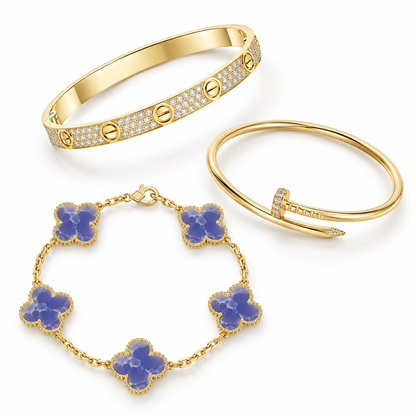 [AuraEcho] LOVE & JUSTE & Blue Veins Clover 5-Motif Diamond Bracelet Stack Set