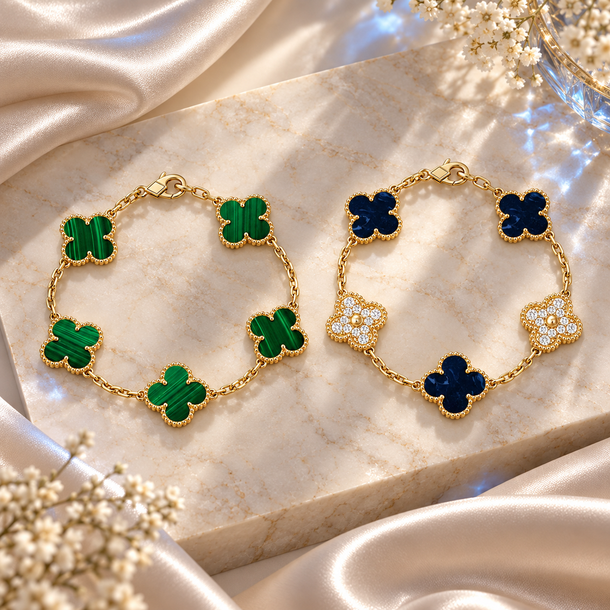 [AuraEcho]Clover 5-Motif Malachite & Pietersite Bracelet Stack Set