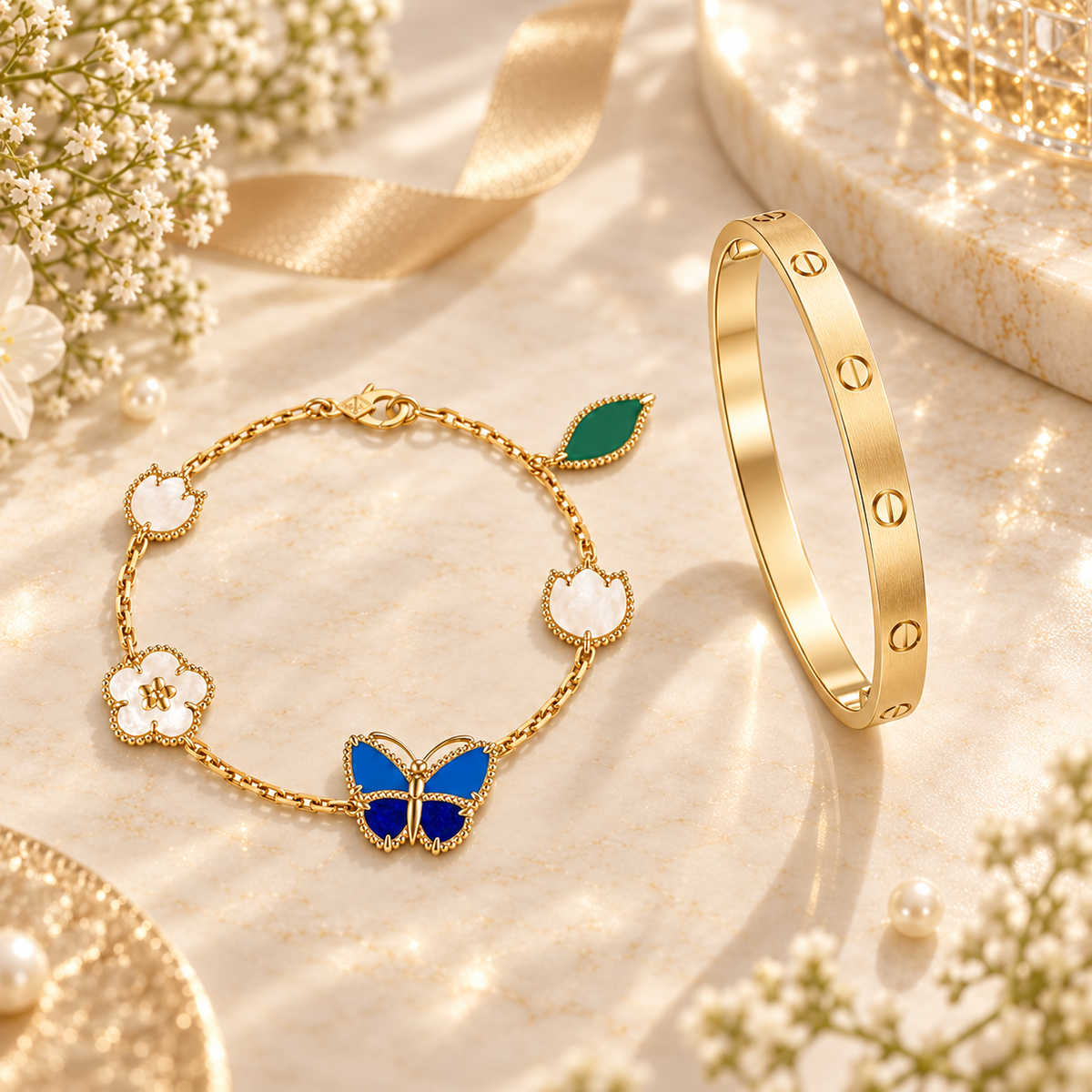 [AuraEcho] LOVE Brushed & Lucky Spring Butterfly 5-Motif Bracelet Stack Set