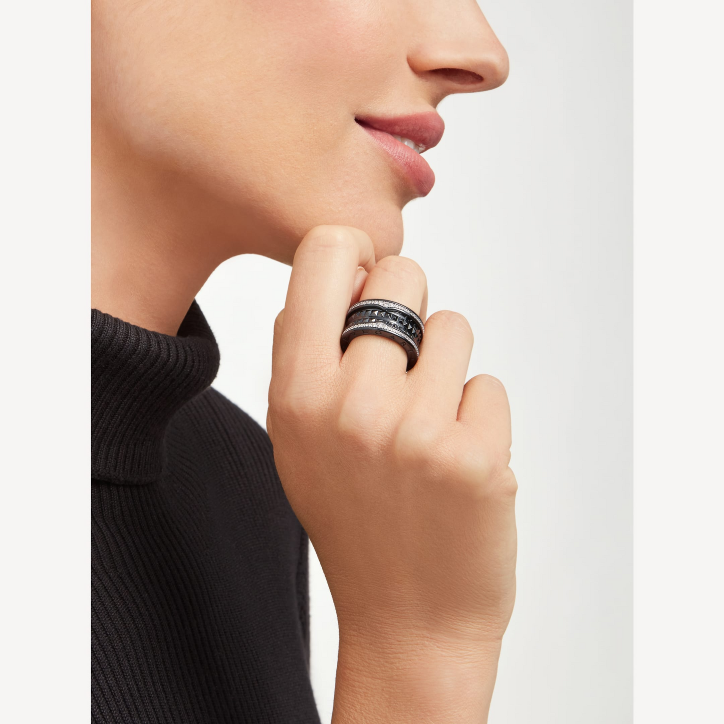 [AuraEcho Jewelry]ZERO 1 ROCK FOUR-BAND BLACK CERAMIC WITH STUDDED SPIRAL AND PAVED DIAMONDS RING