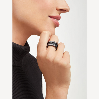 [AuraEcho Jewelry]ZERO 1 ROCK FOUR-BAND BLACK CERAMIC WITH STUDDED SPIRAL AND PAVED DIAMONDS RING