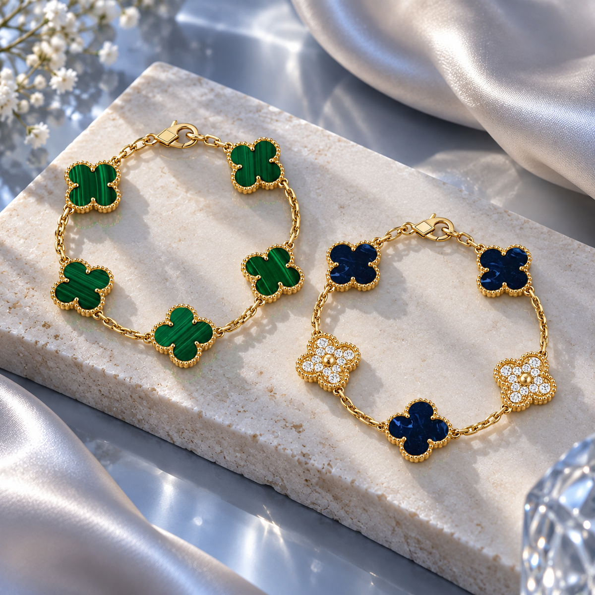 [AuraEcho]Clover 5-Motif Malachite & Pietersite Bracelet Stack Set