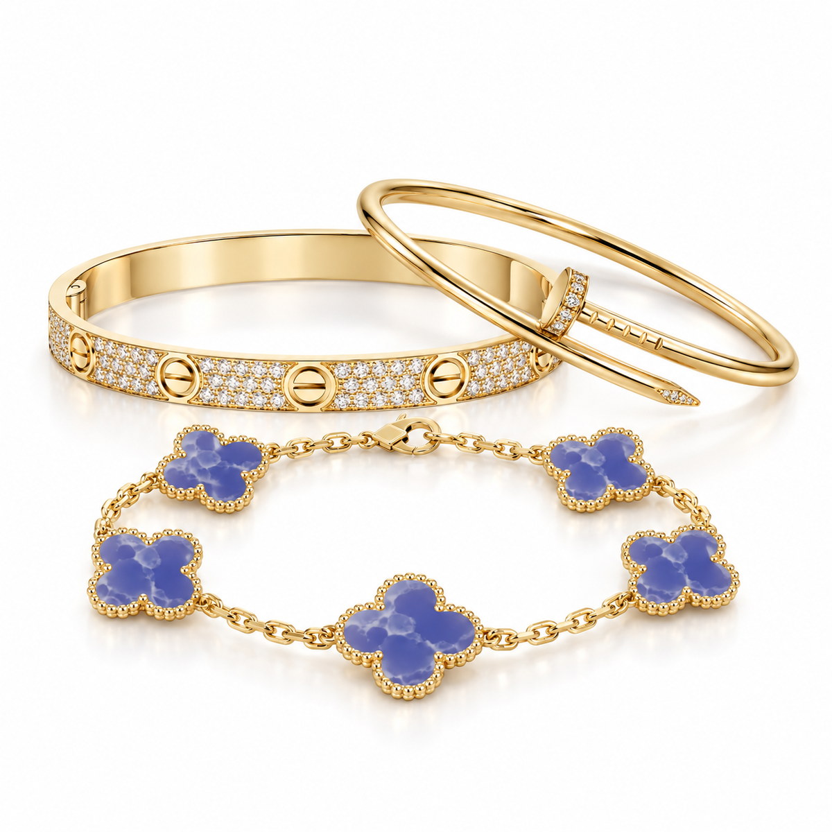[AuraEcho] LOVE & JUSTE & Blue Veins Clover 5-Motif Diamond Bracelet Stack Set
