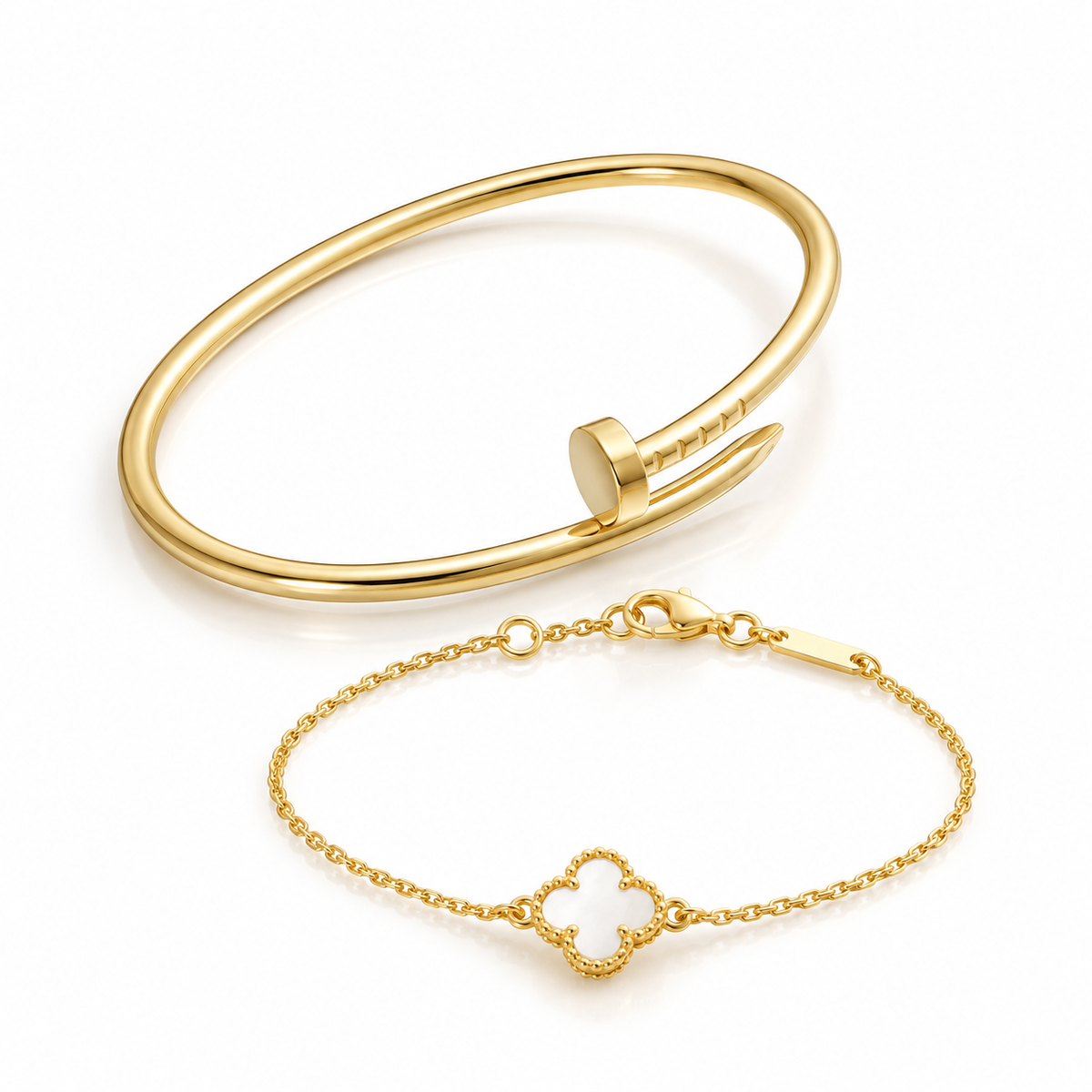 [AuraEcho] Clover White Mother-of-Pearl & JUSTE Bracelet Stack Set