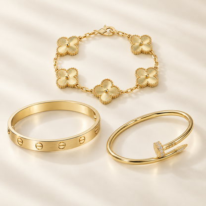 [AuraEcho] Clover & Love & Juste 3-Piece Gold Bracelet Stack Set