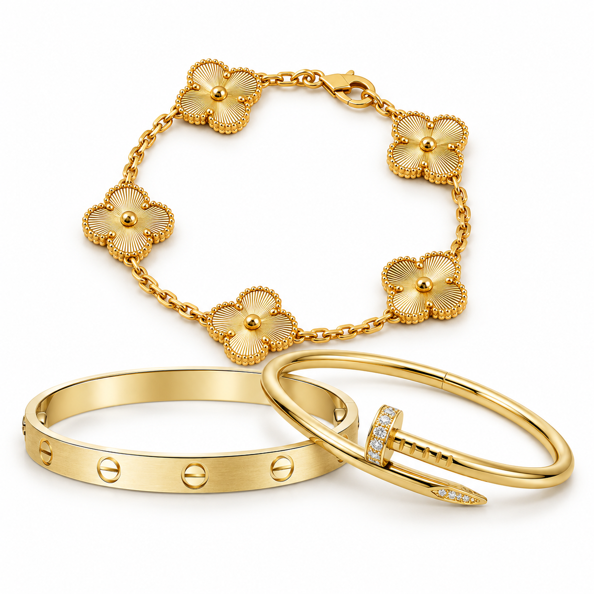 [AuraEcho] Clover & Love & Juste 3-Piece Gold Bracelet Stack Set