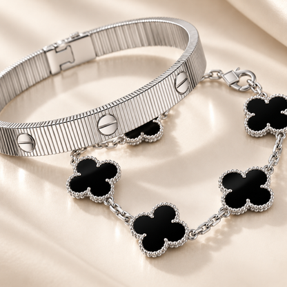[AuraEcho]Clover & Love Sliver 2-Piece Bracelet Stack Set