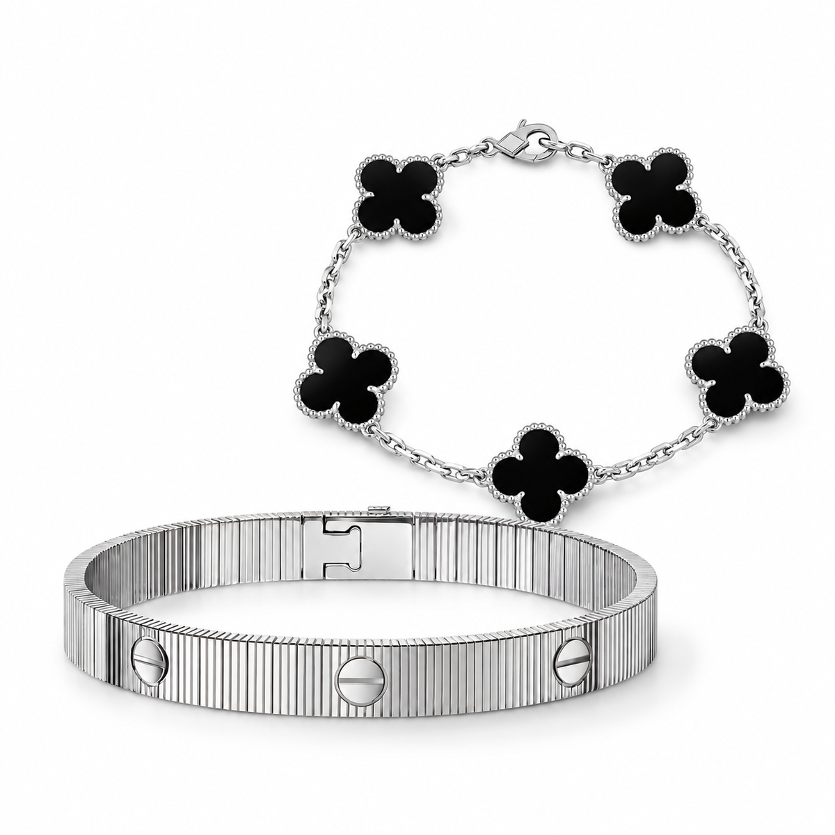 [AuraEcho]Clover & Love Sliver 2-Piece Bracelet Stack Set