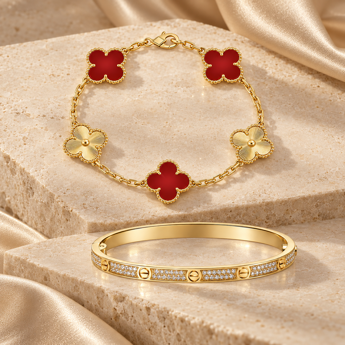 [AuraEcho]Clover & Love Diamond-Paved Radiant Line 2-Piece Bracelet Stack Set