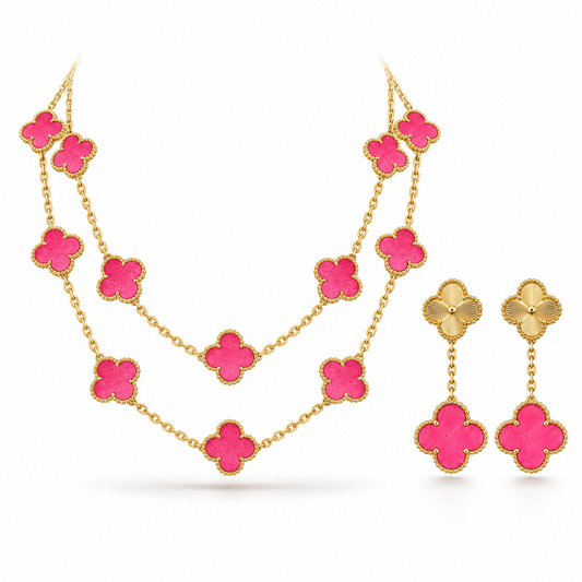 [AuraEcho]Clover Pink Enamel Necklace & Earring Jewelry Set