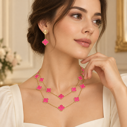 [AuraEcho]Clover Pink Enamel Necklace & Earring Jewelry Set