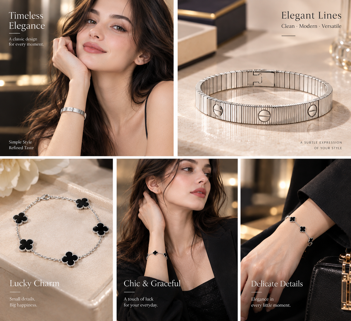 [AuraEcho]Clover & Love Sliver 2-Piece Bracelet Stack Set