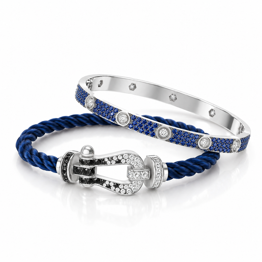 [AuraEcho]Pave Gemstone Love &Force Large Horseshoe Diamond Duo Bracelet Stack Set