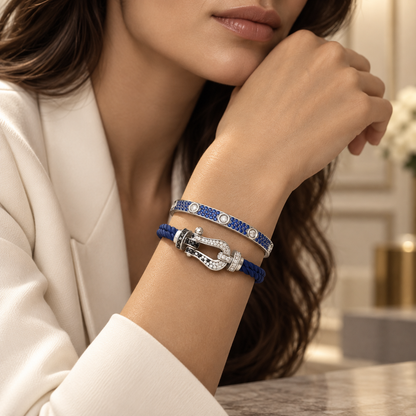 [AuraEcho]Pave Gemstone Love &Force Large Horseshoe Diamond Duo Bracelet Stack Set
