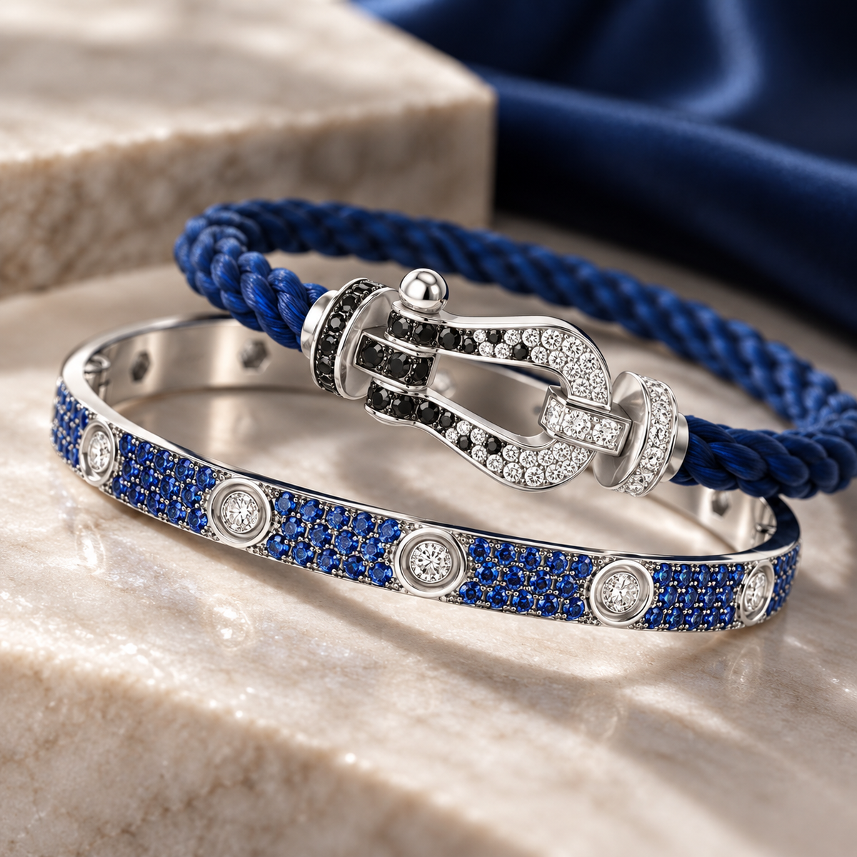[AuraEcho]Pave Gemstone Love &Force Large Horseshoe Diamond Duo Bracelet Stack Set