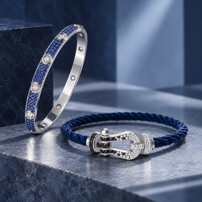 [AuraEcho]Pave Gemstone Love &Force Large Horseshoe Diamond Duo Bracelet Stack Set