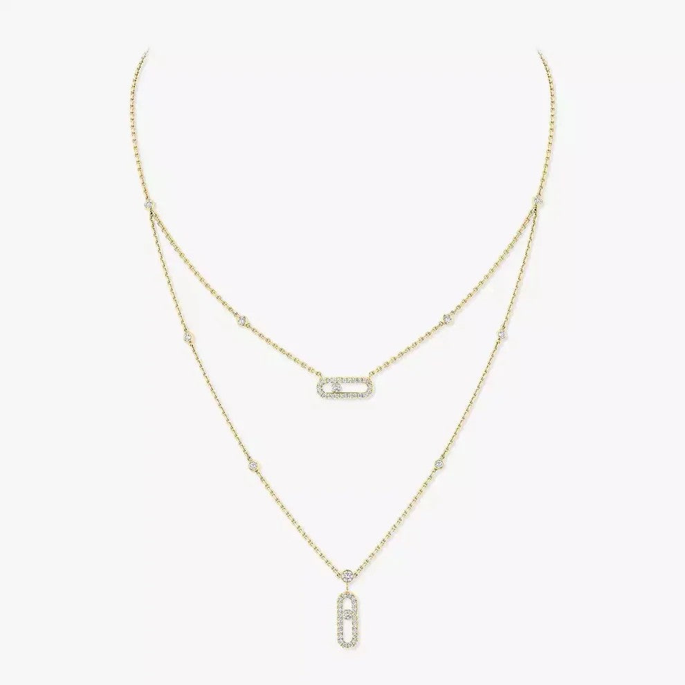 [AuraEcho]2 Rows Rose Gold Diamond Pave_ Necklace Move Uno
