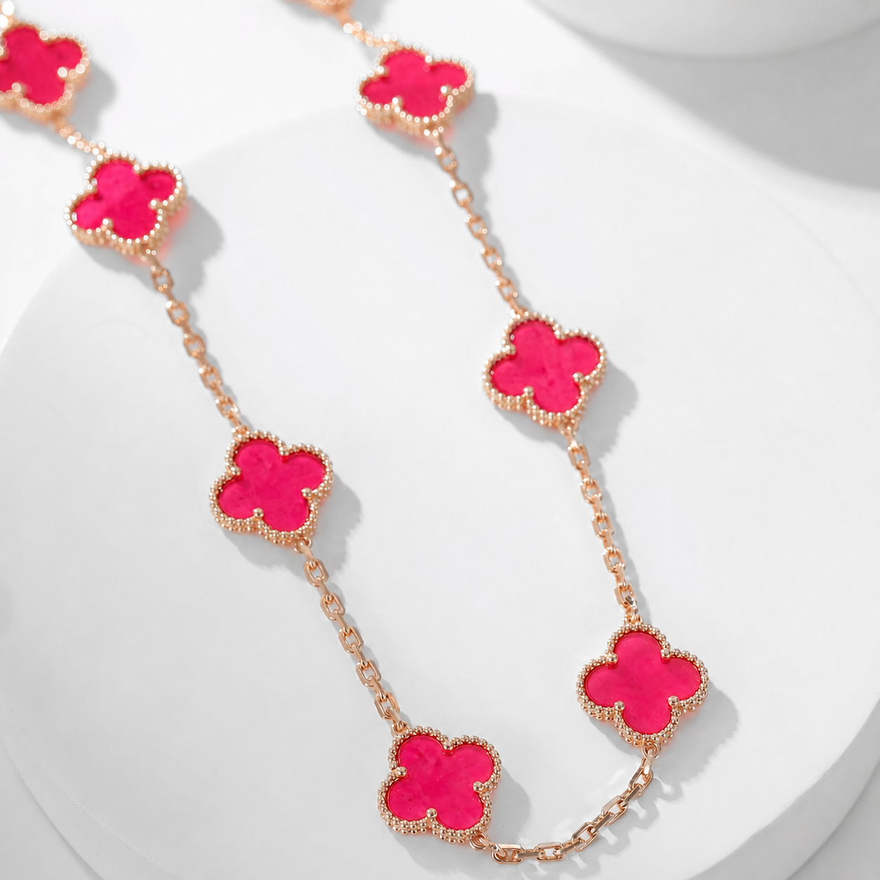 [AuraEcho]NEW CLOVER 10 MOTIFS PINK ENAMEL NECKLACE