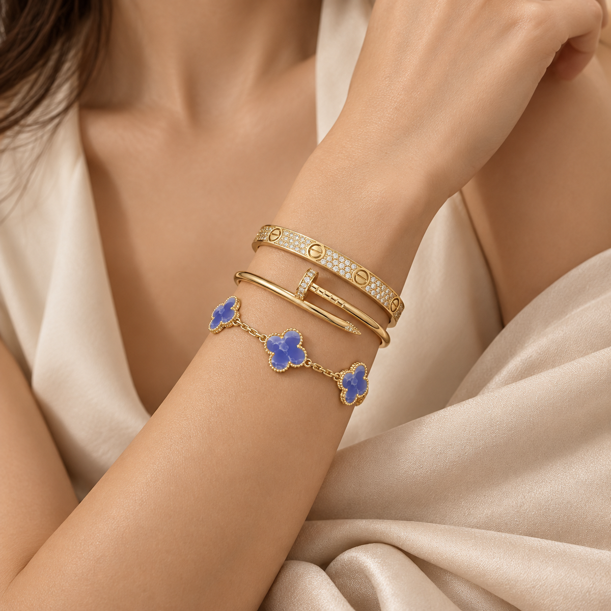 [AuraEcho] LOVE & JUSTE & Blue Veins Clover 5-Motif Diamond Bracelet Stack Set