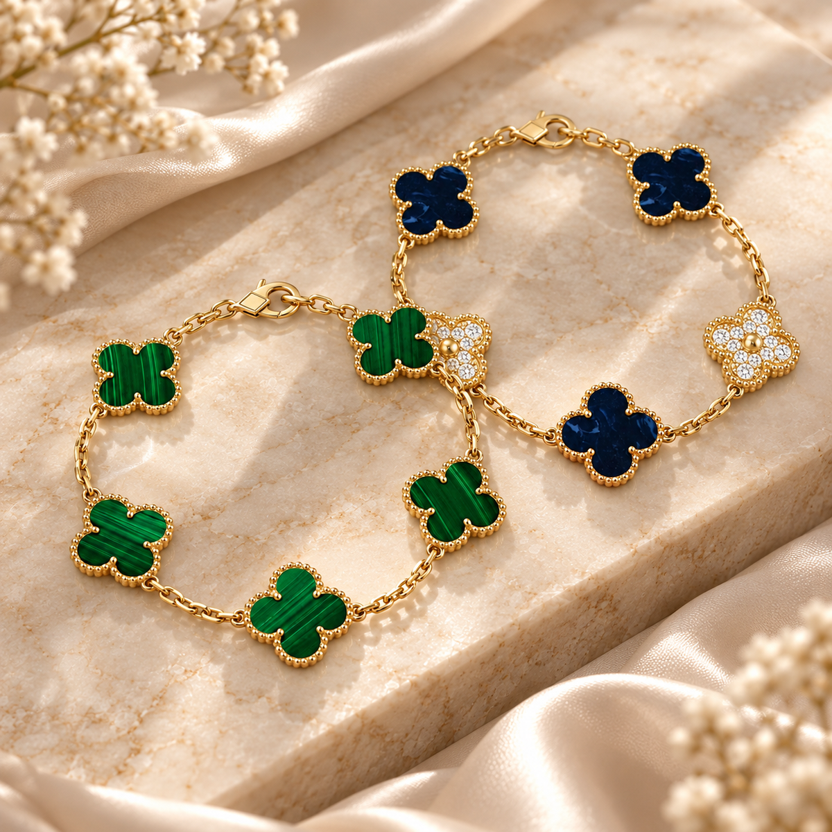 [AuraEcho]Clover 5-Motif Malachite & Pietersite Bracelet Stack Set