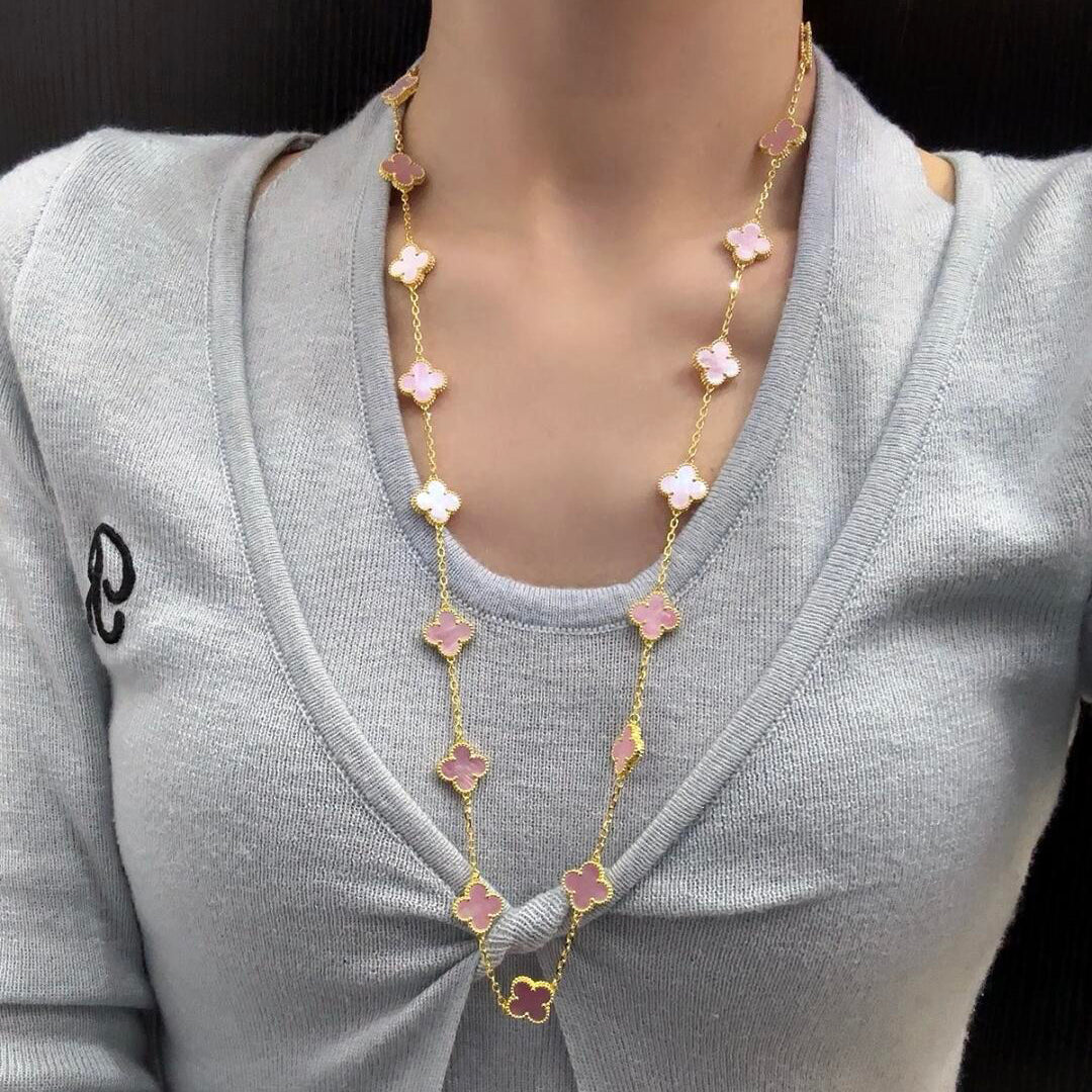 [AuraEcho Jewelry]CLOVER 20 MOTIFS PINK MOP NECKLACE