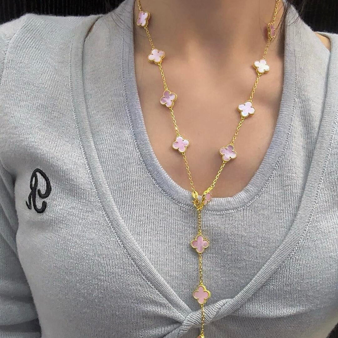 [AuraEcho Jewelry]CLOVER 20 MOTIFS PINK MOP NECKLACE